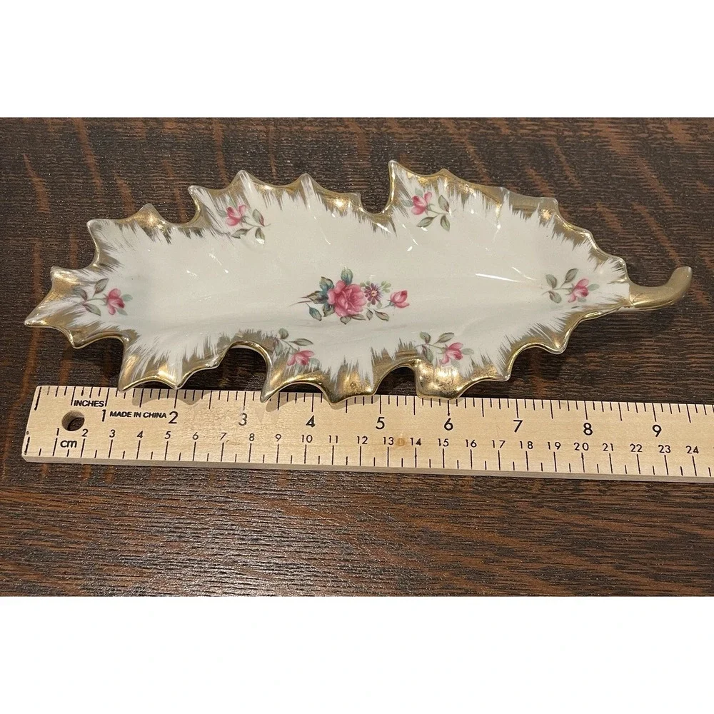VTG Trinket Serving Dish 9.5 Inch Porcelain Pink Roses Gold Gilt Japan Leaf‎